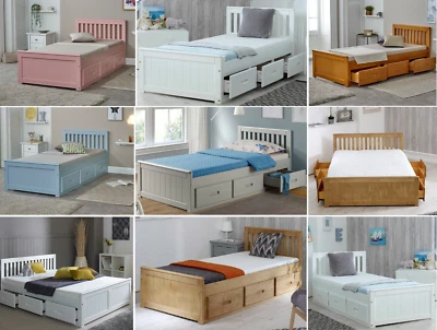 HOME DIVINE Mission Pine Wooden Storage Bed Frames with 3 or 6 Drawers - Single, Double,King