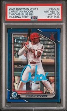 2024 Bowman Chrome Christian Moore Blue Refractor /150 PSA 10 Auto BDC-13 1st RC