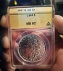 1887-S Morgan Silver Dollar $1 ANACS Certified MS 62 Uncirculated Coin