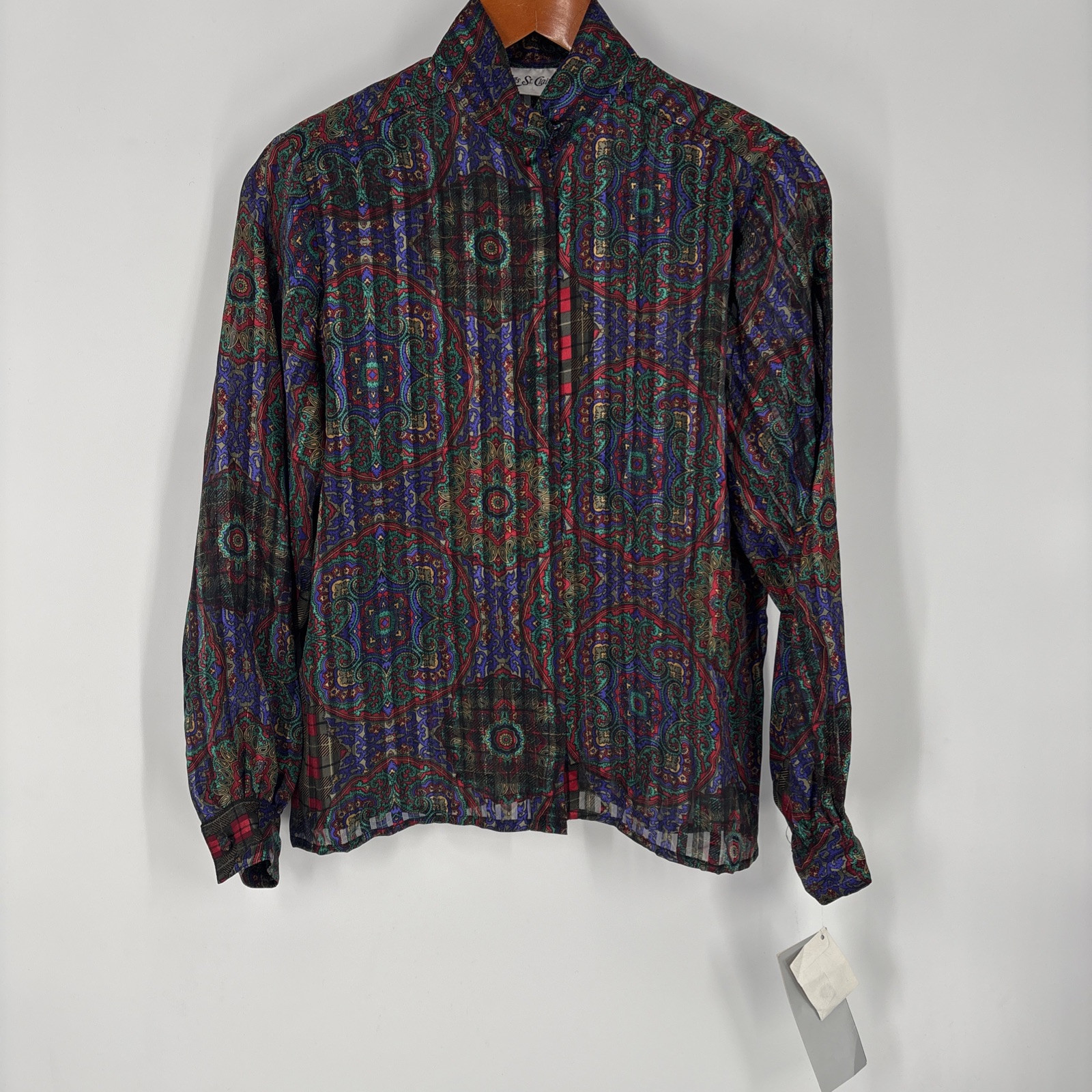 SAINT LAURENT Top donna vintage Yves St Clair con bottoni 6P semi trasparente righe paisley carriera