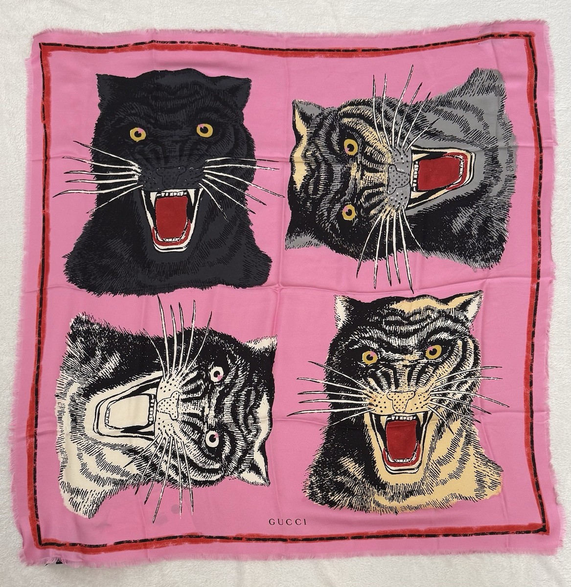 Gucci Tiger Face Print Pink Silk Scarf Fall/winter 2017 Collection