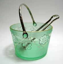 Vintage Depression Glass Green Etched Art Deco Ice Bucket with Metal Handle