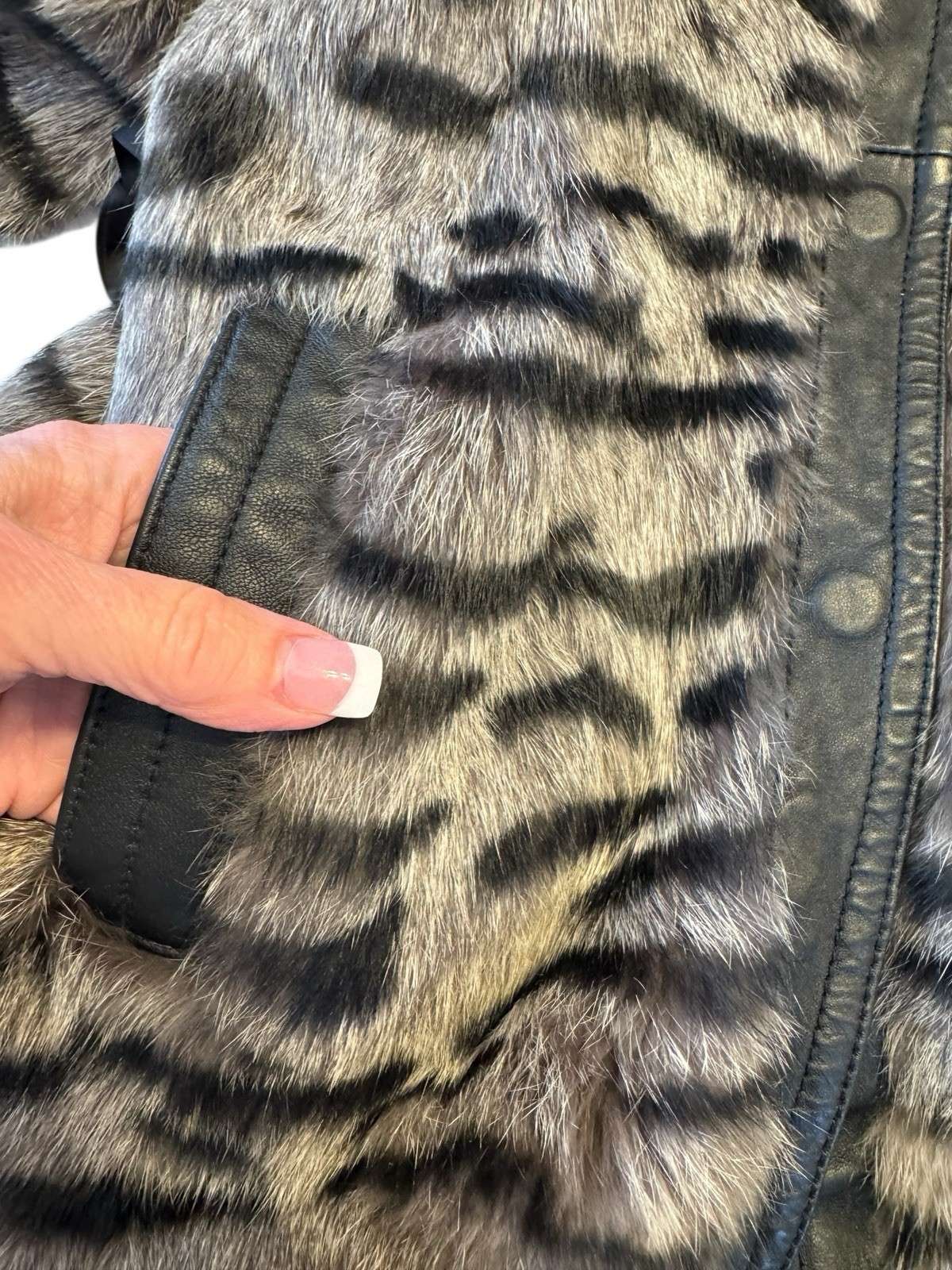 Vintage Bebe Dyed Rabbit Fur Coat Medium Tiger Stripe Print Leather Trim Belted