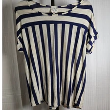 Anthropologie Naif Striped Tunic Top Women Medium Blue Beige Short Sleeve Casual