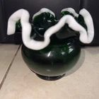 4” FENTON SNOW CREST RUFFLED TOP ON EMERALD GREEN GLASS VASE
