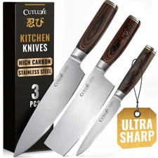 Cutluxe 3-Pc Chef Knife Set Japanese Kitchen Knives High Carbon Stainless Steel