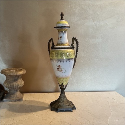 French Style Porcelain Metal Urn, Cherub Motif, Handles, Lid, White Yellow