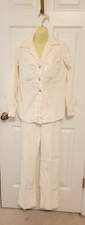 Vtg 70's White Corduroy Suit Pants and Shirt Jacket Set Lucite ROSE Buttons XS