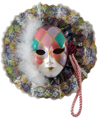 Vintage Face Mask Wall Decor Feathers Lace Trim Jester Rose Mardi Gras 10x10