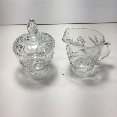 Vintage Cut Crystal Cream And Sugar Set w/ Stars Crystal Lid
