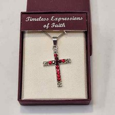 Cross Pendant on Silver Tone Chain Necklace Red Clear Crystals Religious New