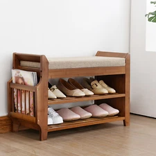 2-Tier Wood Shoe Bench Cushion Seat Storage Shoe Rack Seat With Storage Basket
