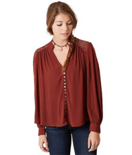 Free People XS Top Canyon Rose Shirt Boho Rust Gold Pearl Button Embroidered 675