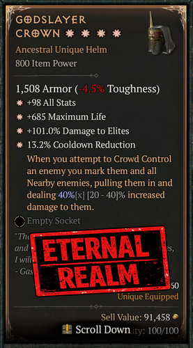 Diablo 4 💥 ETERNAL REALM 💥 Godslayer Crown | PERFECT 4GA 40% MAX ROLL Helm