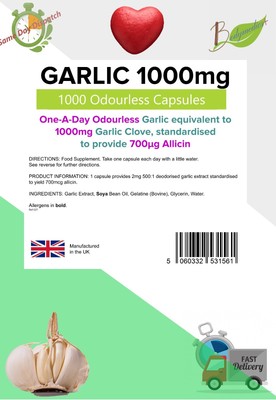 Knoblauch 1000mg (700mcg Allicin), Cholesterinkontrolle 1000 geruchlose Kappe LINDEN UK