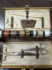 Vtg Etui Travel Sewing Kit Henkels Scissors Brown Leather Wood Case Kiss Lock