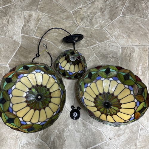 Set Of 3 Vintage Tiffany Style Stained Glass Chandeliers & Light - Picture 4 of 9
