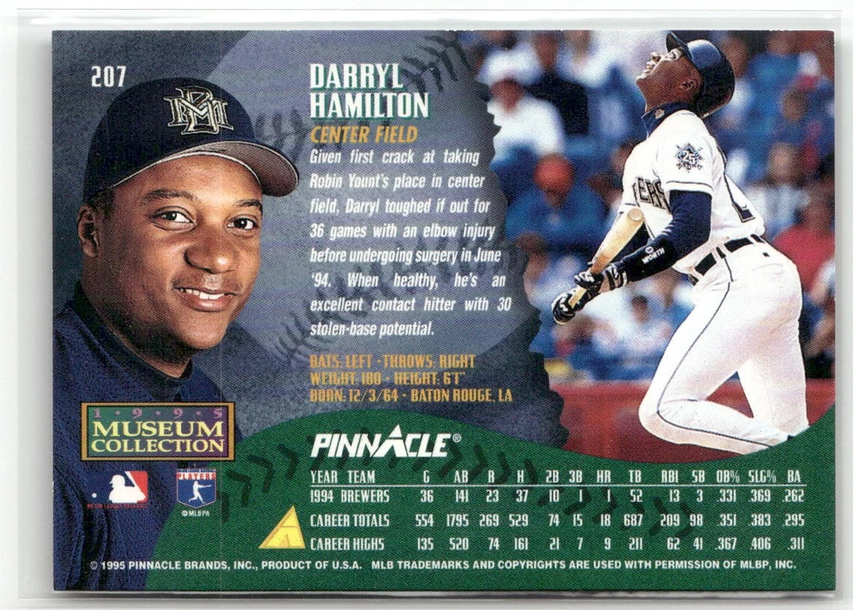 1995 PINNACLE #207 DARRYL HAMILTON MUSEUM COLLECTION MILWAUKEE BREWERS - Image 2 of 2