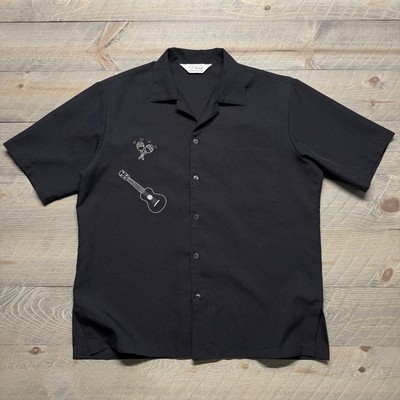 D'Accord Cuban Collar Retro Shirt Mens Large Polyester Black Guitar Maracas USA