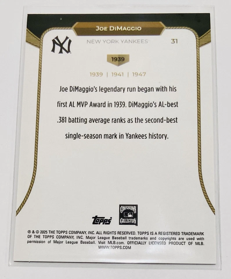 2025 Topps Welcome To The Club MVP Green Foil /99 Joe DiMaggio #31 HOF Yankees - Image 2 of 3