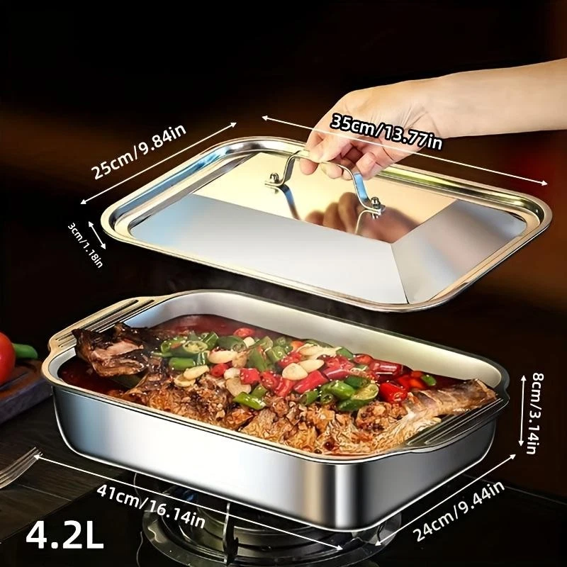 4pcs Stainless Steel Baking Pan Set with Lids 16"x9" Deep Dish 4.2l Cookware