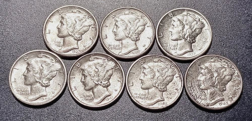 Lot of (7) different-date Choice BU Mercury Dimes (1937-1942)
