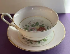 Windsor Bone China Tea Cup and Saucer Pink Band Floral Gold Rim  Teacup
