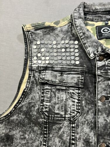 Vtg LRG Lifted Research Group Vest Mens 4XL Black Acid Wash Denim Camo Studded - Picture 2 of 11