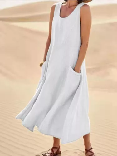 Women's Cotton Linen Maxi Dress Ladies Solid Pockets Sleeveless Summer Sundress - Picture 15 of 34