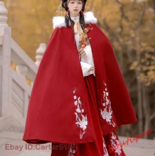 Chinesischer antiker Hanfu-Mantel Mantel Blumenmuster bestickt Pelzbesatz Winterumhangmantel - Bild 6 von 17