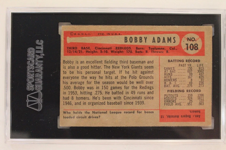 Bobby Adams (d.97) Reds Autographed 1954 Bowman #108 Card SGC JSA Authentic - Image 2 of 4