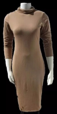 NEU * M/L * VESTIDOS * SEXY Stretch Kleid Rollkragen * Dunkel Beige Camel WOOW