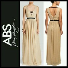 $425 ABS Gold Black Metallic Pleated Sleeveless Goddess Evening Gown  ~12 M3020