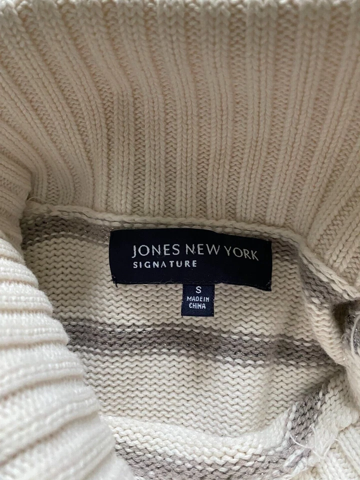 Suéter Pullover Jones New York Mujer Rayas Manga Larga Cuello Alto Beige Talla S Foto 3 de 4