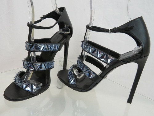 NIB GUCCI 364930 BLACK SHARLOTTE LEATHER BLUE JEWELED CRYSTALS SANDALS PUMPS 40 - Picture 6 of 12
