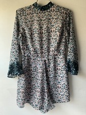 Topshop Women  s Floral Print Romper Pink  Blue Size 6 3/4 Ruffle Sleeve- Lined