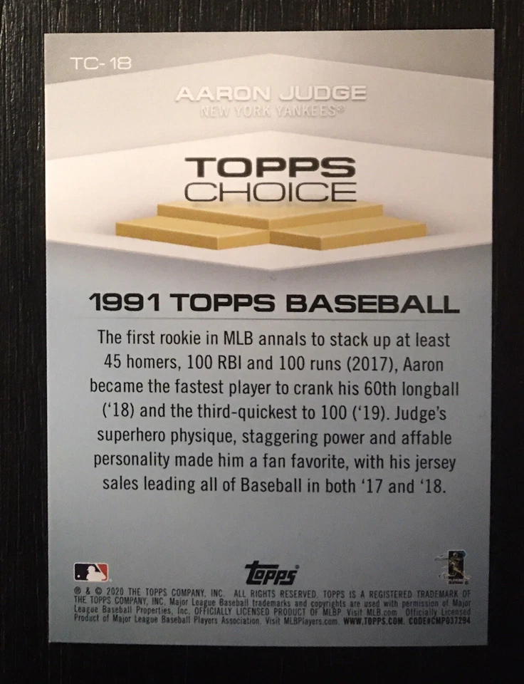 2020 TOPPS SERIES 1 TOPPS CHOICE 1991 INSERT BLUE AARON JUDGE YANKEES #TC-18 LOT - Image 2 of 4