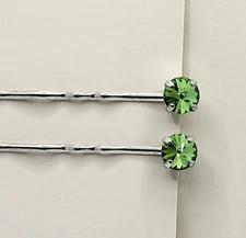 Handmade 2pc Hair/ Bobby Pins w/ Swarovski Crystal Peridot Chaton Stones; Green