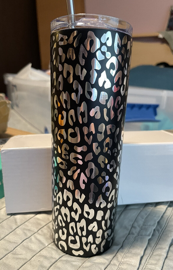 18-Inch Black Leopard Stainless Steel Tumbler with Straw for Hot & Cold Drinks NIB