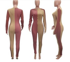 NEW Women Knitted Patchwork Ribbed Zipper Long Sleeve Club Bodycon Jumpsuit Z2