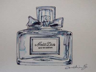 Original Feder & Tusche Zeichnung eines Flakons Miss Dior Parfum auf Aquarellpapier