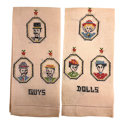 #ad Hand Stitched Pale Pink Linen Guys amp; Dolls Portrait Guest Hand Towels Gold Trim $22.24