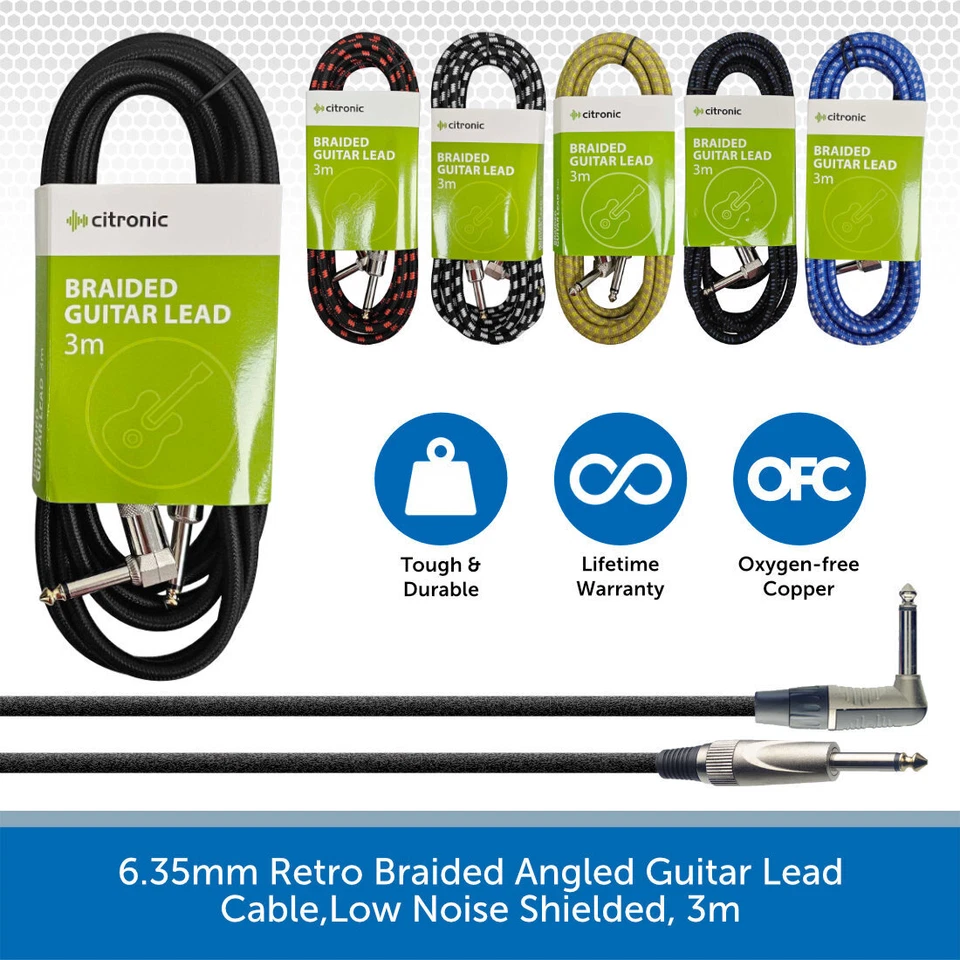 KENABLE 6.35mm Right Angle Low Noise Shielded Braided Instrument Cable Guitar Lead 3m