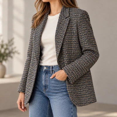 Theory 10 Relaxed Stretch Tweed Blazer Navy Cream Cotton Wool Blend Open Front