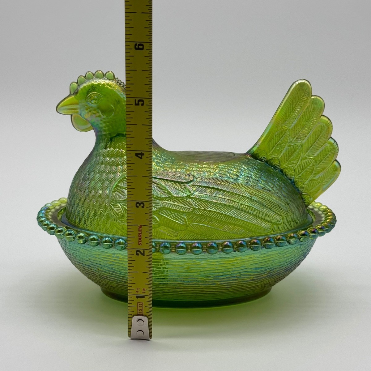 Lime Green Iridescent Indiana Glass Hen on Nest Vintage Carnival