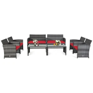 8PCS Patio Outdoor Rattan Conversation Furniture Set w/ Red Cushion