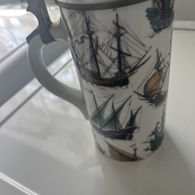 Vintage White Porcelain Beer Stein With Pewter Lid Vintage Ships