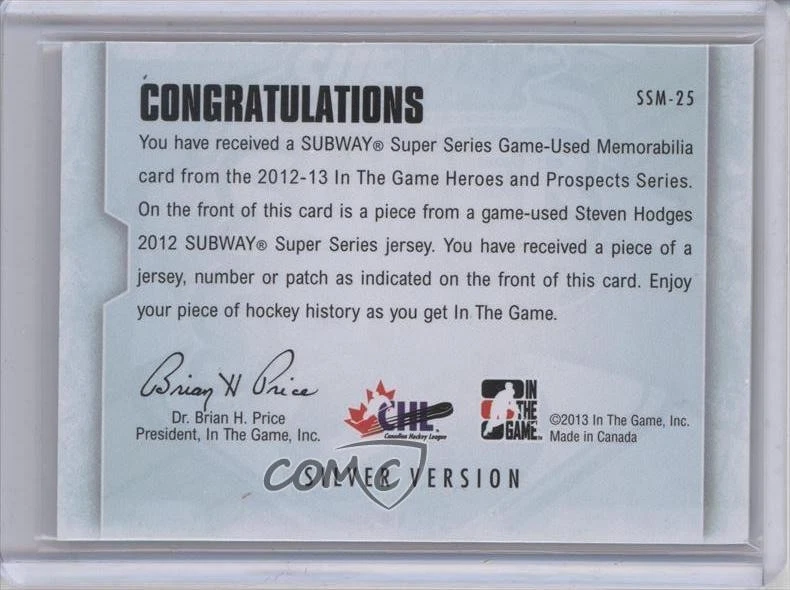 2012-13 ITG Heroes and Prospects Silver Number /3 Steven Hodges #SSM-25 - Image 2 of 2