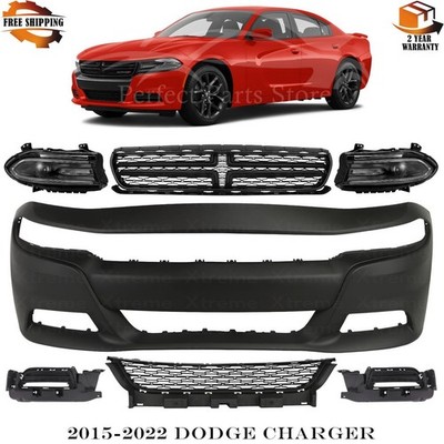 Front Bumper Cover Primed Plastic & Headlights Kit For 2015-2022 Dodge Charger