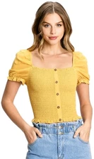 LOVE TREE SzL Smocked Peasant Top Button Front Puff Sleeve Golden Mustard Yellow
